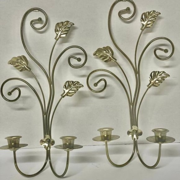 Pair of Home Interiors Metal Wall Sconces. Scroll/Leaf Hollywood Regency Gold - Picture 1 of 5